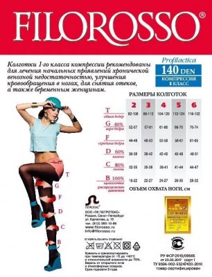 Купить филороссо (filorosso) колготки женские профилактика 140 ден, 1 класс компрессии, размер 6, черные в Богородске