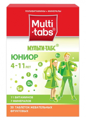 Купить мульти-табс юниор, таблетки жевательные, 30 шт с фруктовым вкусом в Богородске