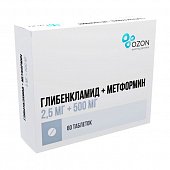 Купить глибенкламид+метформин, таблетки покрытые пленочной оболочкой 2,5мг+500мг, 60 шт  в Богородске