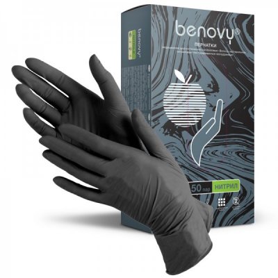 Купить перчатки benovy смотровые нитриловые нестерильные неопудрен текстурир с однократной хлорацией размер s 50 пар, черные в Богородске