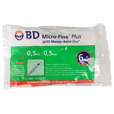 Купить шприц 0,5мл bd инсулиновый u-100 микро-файн плюс с иглой 31g 0,25х6мм 10шт в Богородске