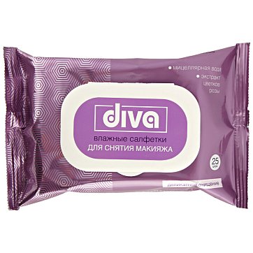 Diva (Дива) салфетки влажные для снятия макияжа с мицеллярной водой и экстрактом цветов розы, 25 шт