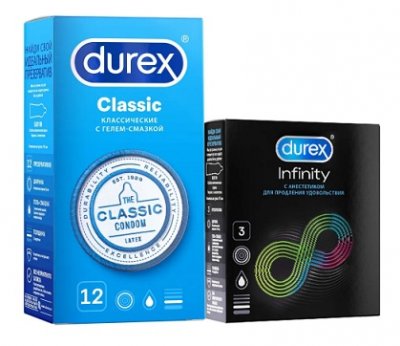Купить durex (дюрекс) набор: презервативы classic, 12шт + infinity гладкие с анестетиком (вариант 2), 3шт в Богородске