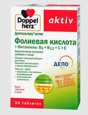 Купить doppelherz (доппельгерц) актив фолиевая кислота + b6 + b12 + c + e, таблетки 30 шт бад в Богородске