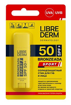 Librederm Bronzeada Sport (Либридерм) стик солнцезащитный для губ и лица SPF 50+, 4,8г