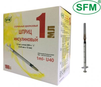 Купить шприц 1мл sfm инсулиновый u-40 с иглой 0.45х12. 26g 1 шт в Богородске