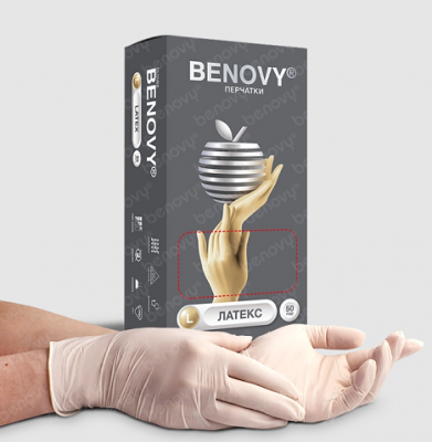 Купить перчатки benovy латексные нестерильные неопудренные текстурир на пальцах хлорированные размер l 50 пар в Богородске